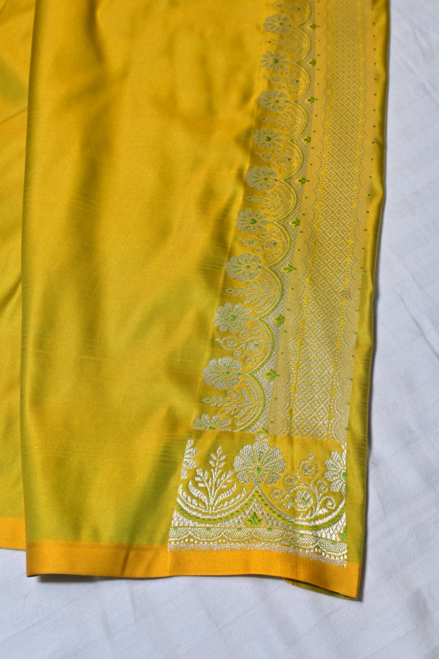 Premium Lime Green Katan Banarasi Silk Saree with Silver Zari Floral Buta – Traditional Wedding & Festive Wear