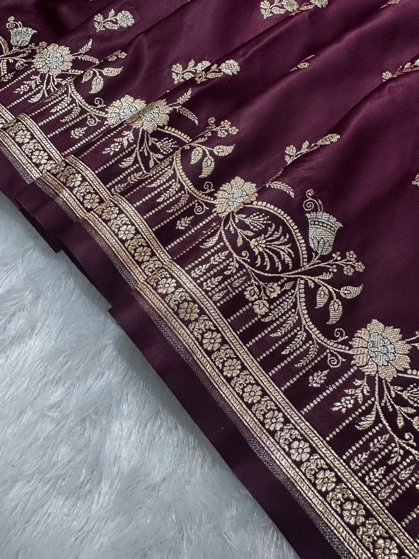 Premium Deep Wine Banarasi Silk Saree With Elegant Double Zari Buti Border 