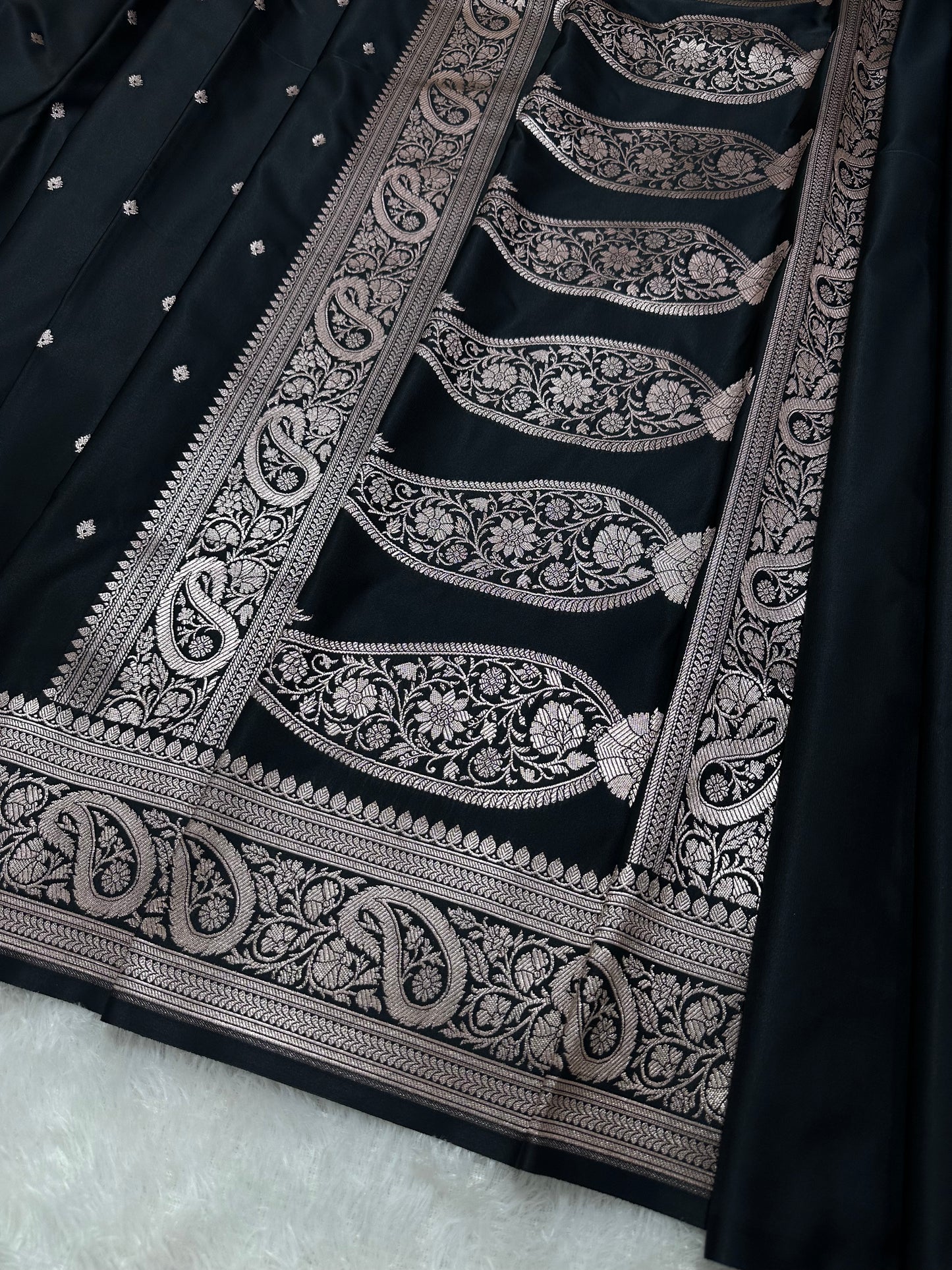 Black Katan Silk Banarasi Saree with Traditional Paisley Border and Subtle Copper Zari Micro-Butis
