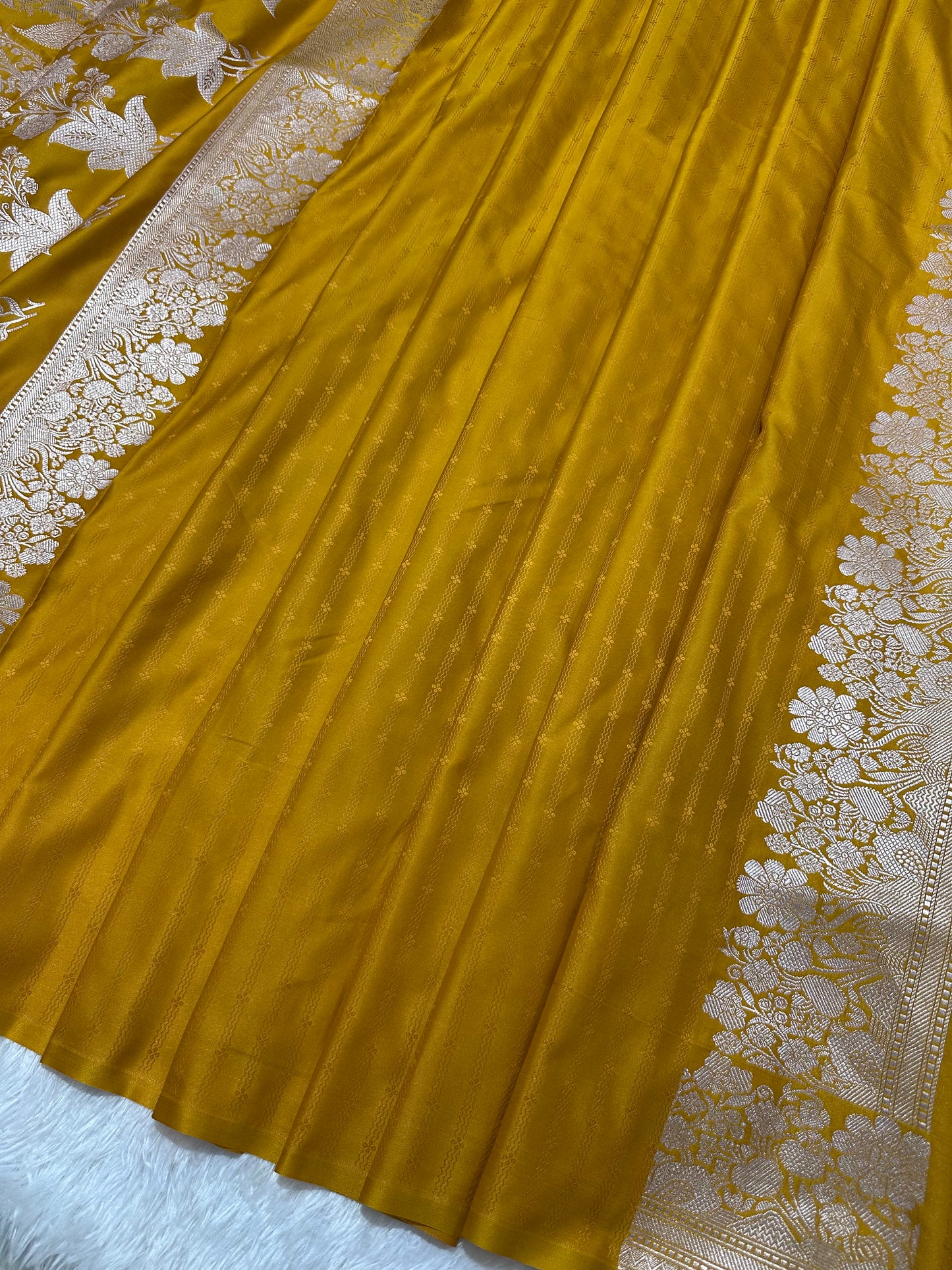 Mustard Yellow Katan Silk Banarasi Saree with Fine Antique Copper Zari Arch-Bell Jhallar Border