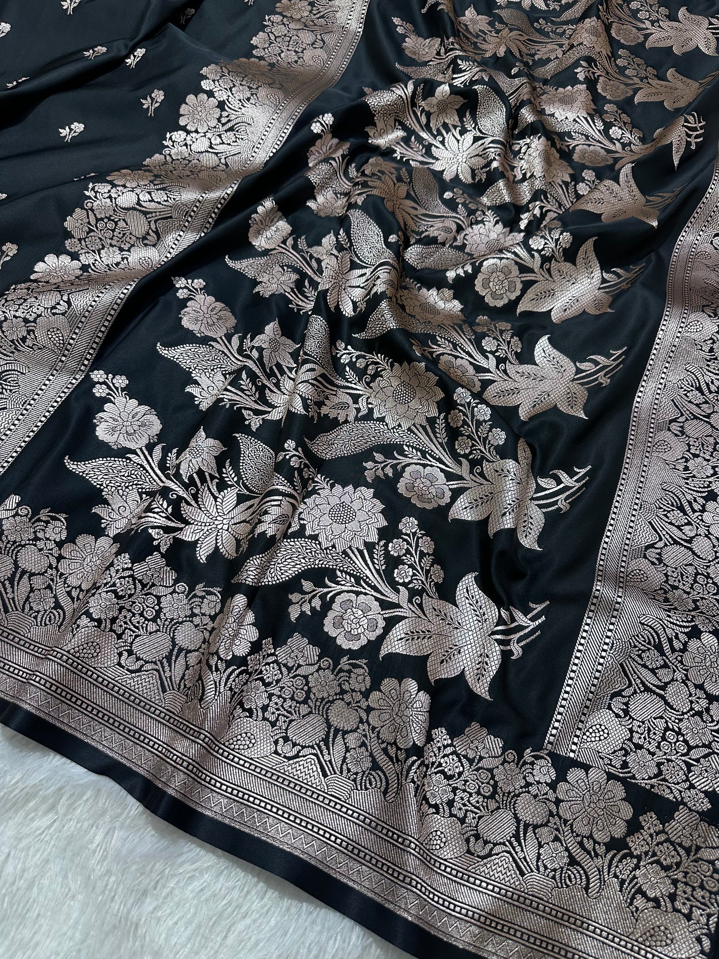 Black Katan Silk Banarasi Saree with Fine Antique Copper Zari Arch-Bell Jhallar Border