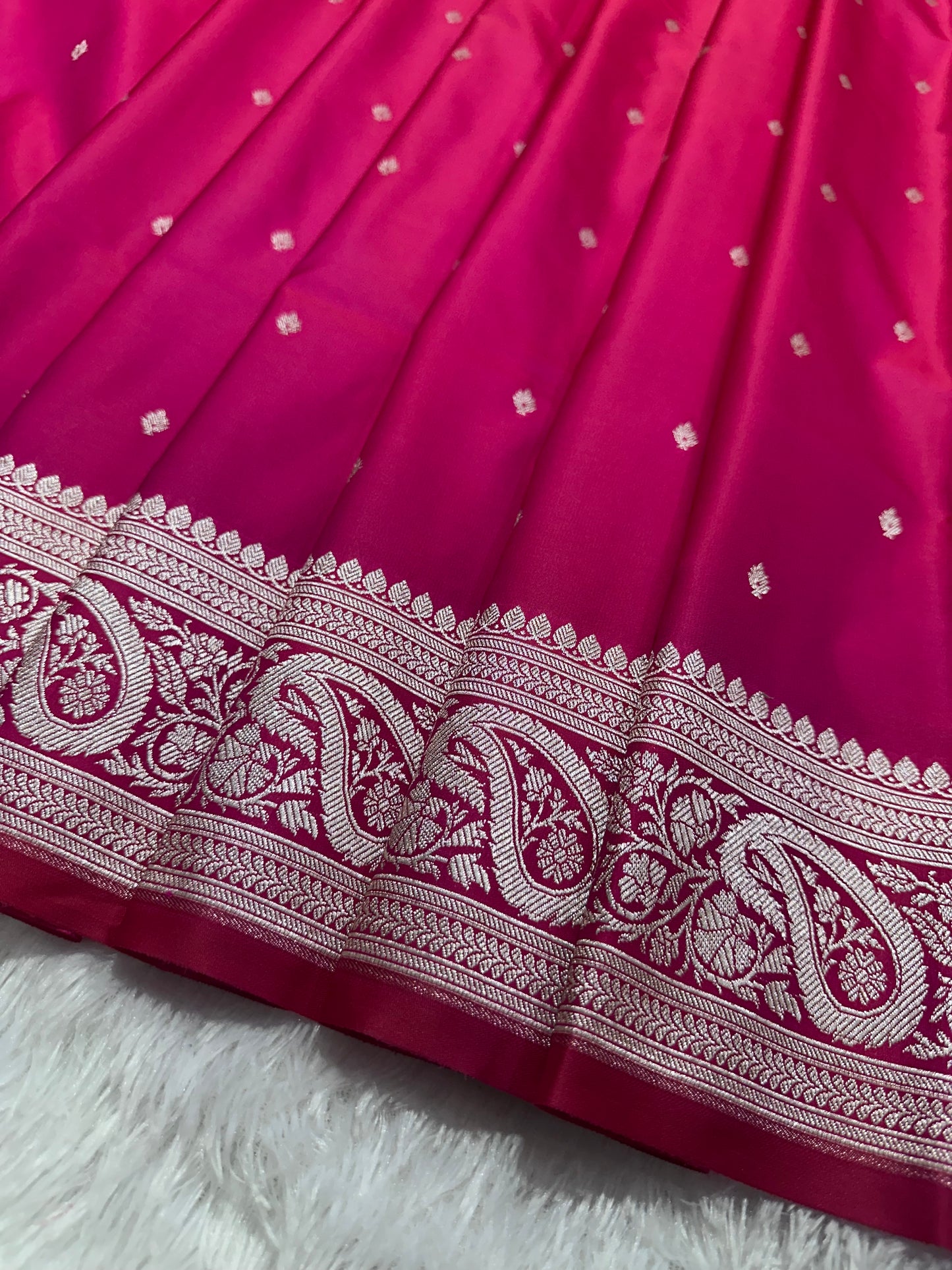 Rose pink Katan Silk Banarasi Saree with Fine Antique Copper Zari Arch-Bell Jhallar Border