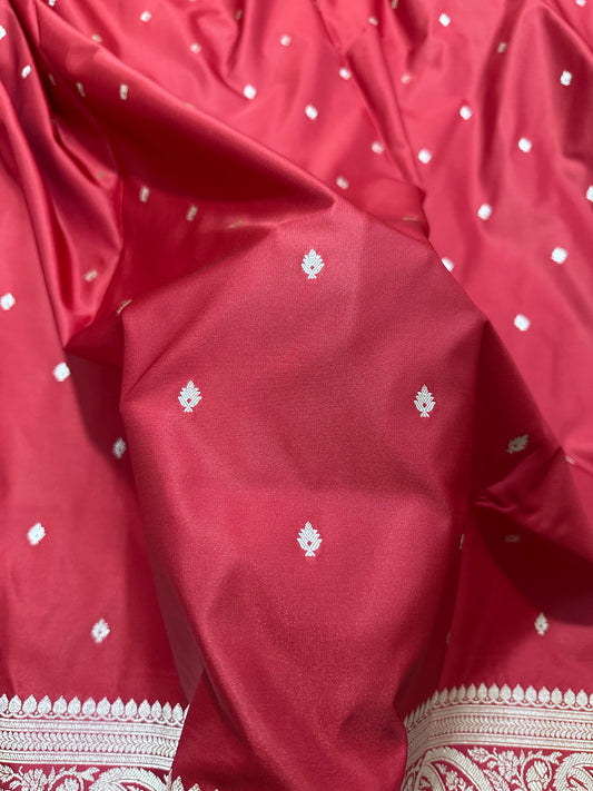 Bridal Crimson Red Katan Silk Banarasi Saree with Traditional Paisley Border and Shimmering Copper Zari Micro-Butis