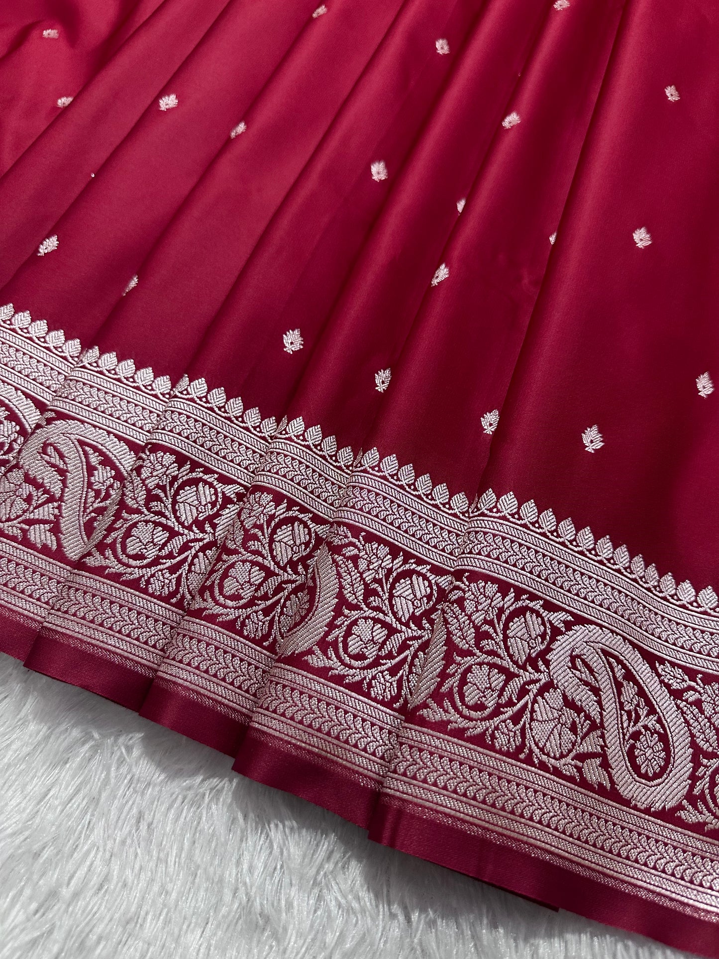 Bridal Crimson Red Katan Silk Banarasi Saree with Traditional Paisley Border and Shimmering Copper Zari Micro-Butis