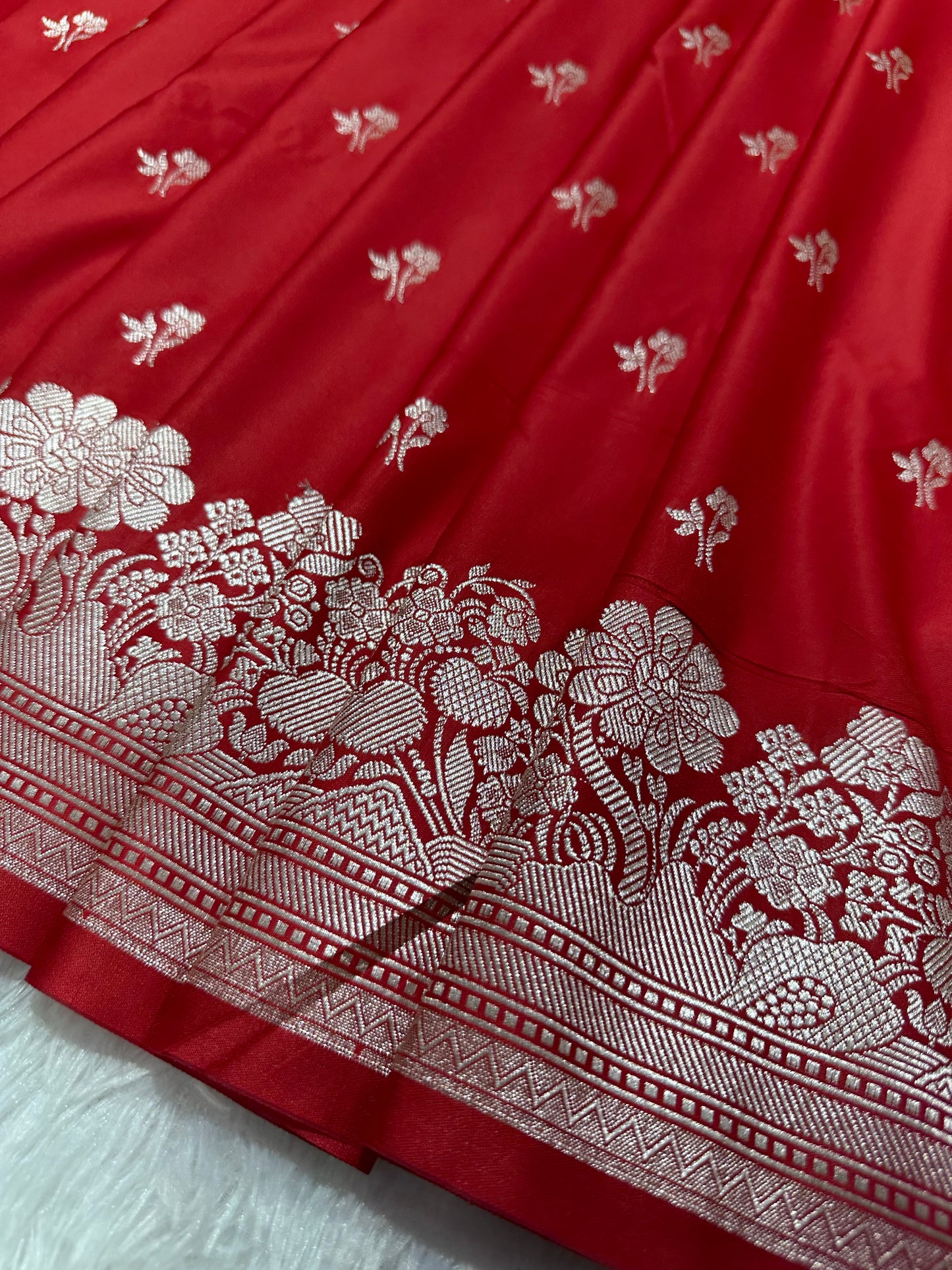 Crimson Red Katan Silk Banarasi Saree with Fine Antique Copper Zari Arch-Bell Jhallar Border