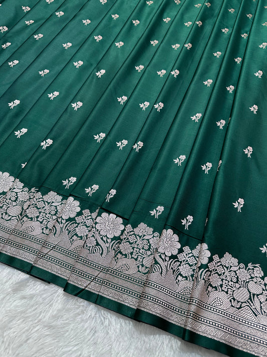 Bottle Green Katan Silk Banarasi Saree with Fine Antique Copper Zari Arch-Bell Jhallar Border