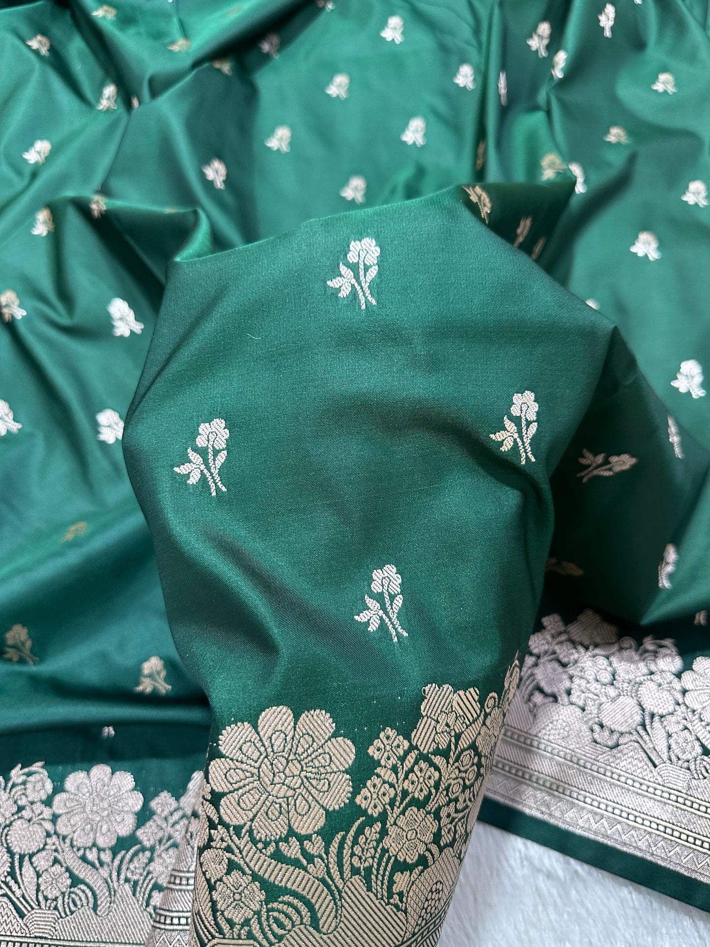 Bottle Green Katan Silk Banarasi Saree with Fine Antique Copper Zari Arch-Bell Jhallar Border