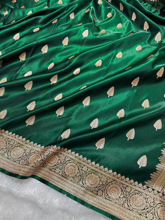 Bottle Green Satin Silk Banarasi Saree with Royal Guldasta Chakra Border and Bold Gold Panna Butis