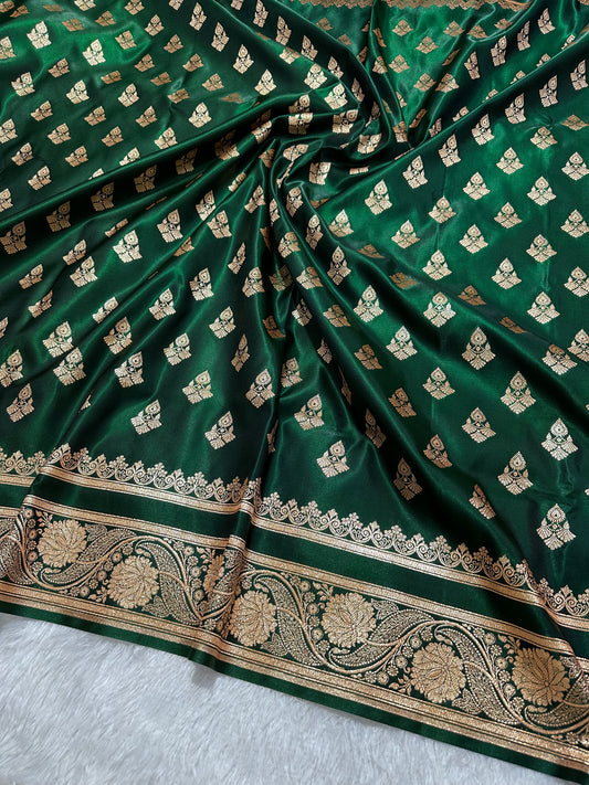 Bottle Green Satin Silk Banarasi Saree with Royal Meena-Floral Border and Traditional Diamond-Kalka Butis