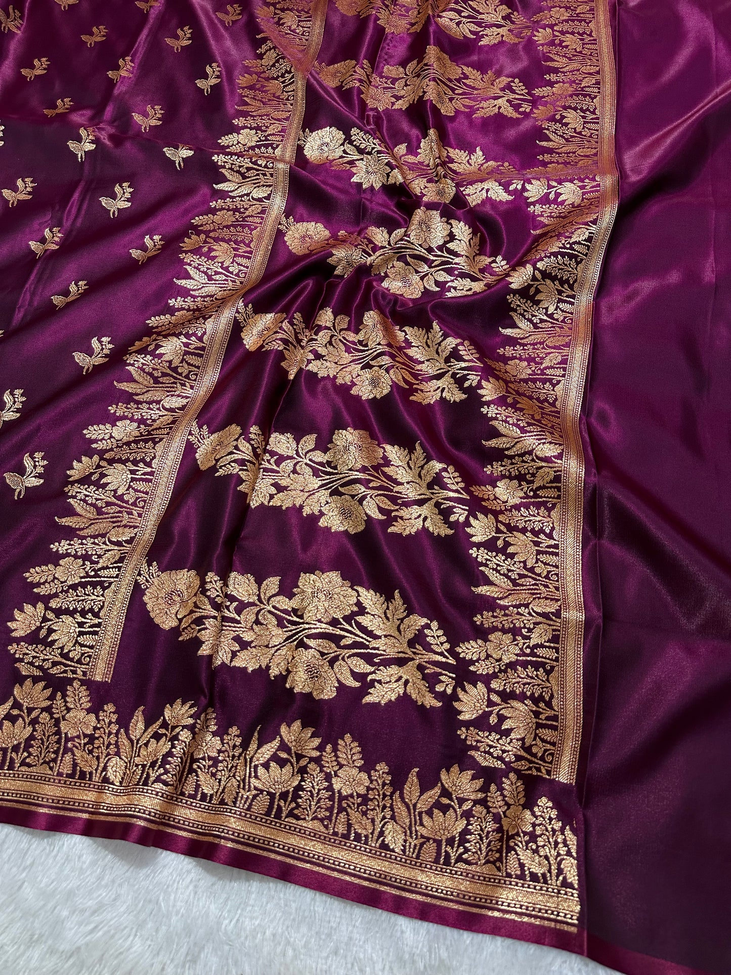 Deep Wine Satin Silk Banarasi Saree with Elegant Lotus Bunch Border and Floral Vine Butis