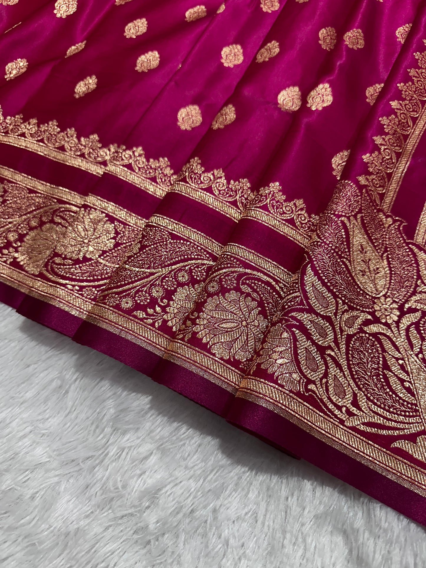 Rani Pink Satin Silk Banarasi Saree with Royal Meena-Floral Border and Traditional Diamond-Kalka Butis