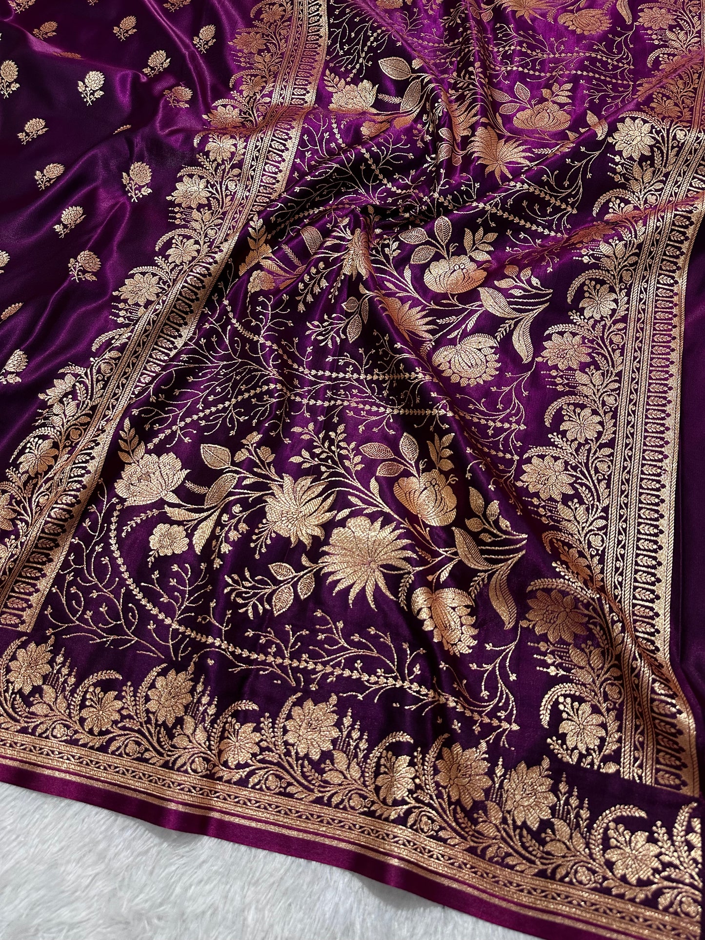 Wine Satin Silk Banarasi Saree with Delicate Floral Arch Border and Full-Bloomed Rose Butis