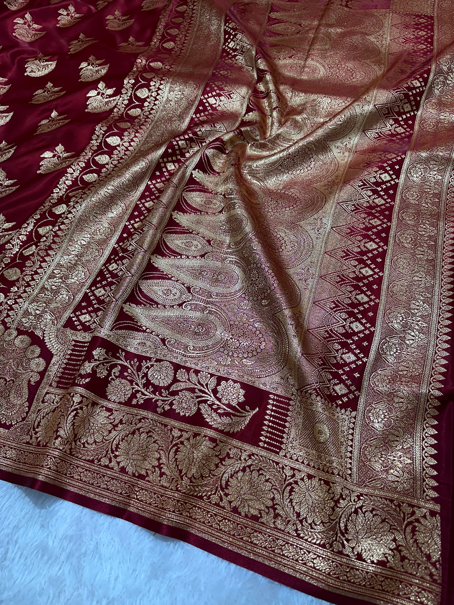 Bridal Maroon Satin Silk Banarasi Saree with Royal Floral Jhallar Border and Royal Peacock Paisley Butas