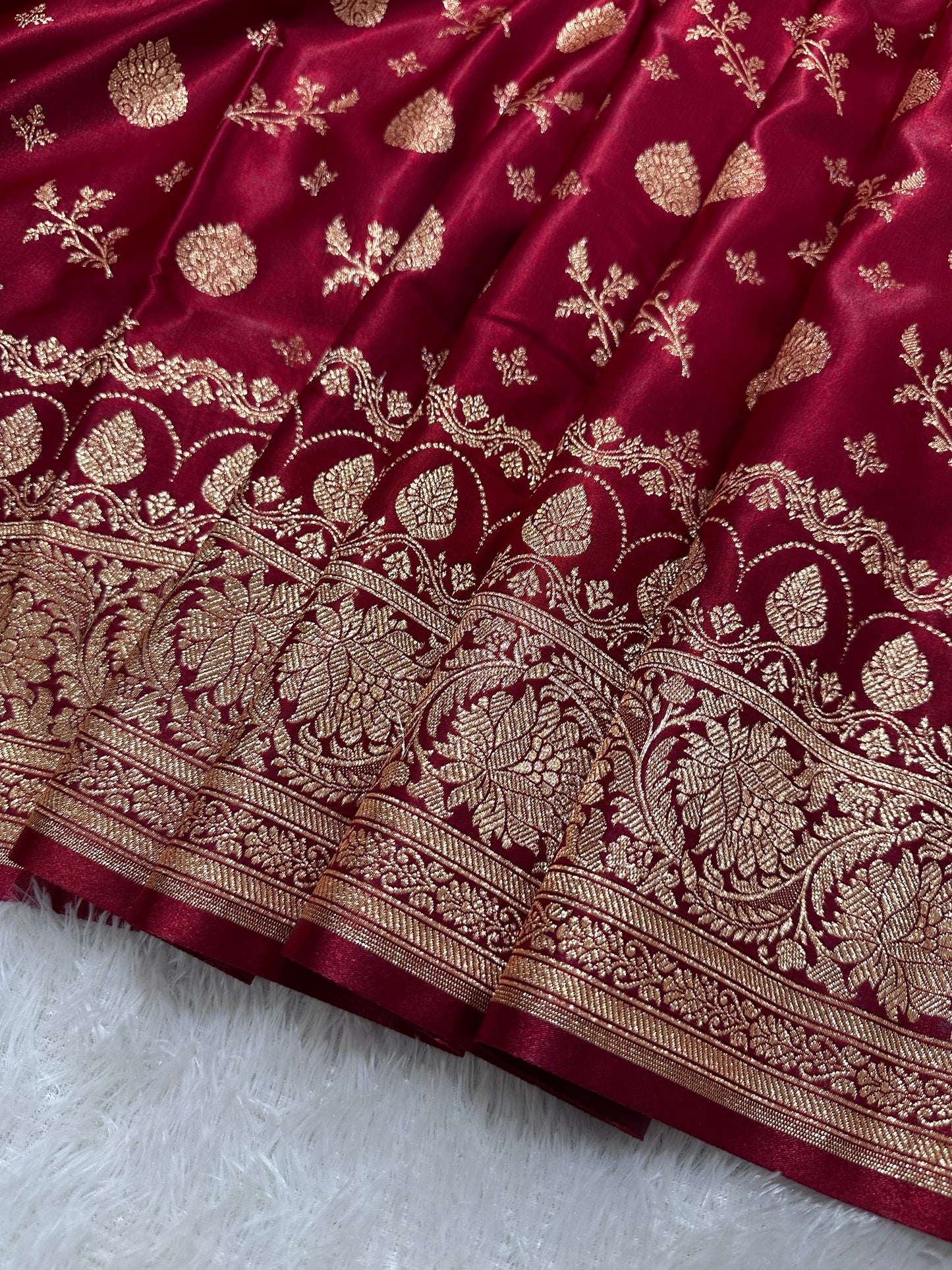 Bridal Maroon Satin Silk Banarasi Saree with Royal Floral Jhallar Border and Traditional Kalka-Floral Sprig Body Work