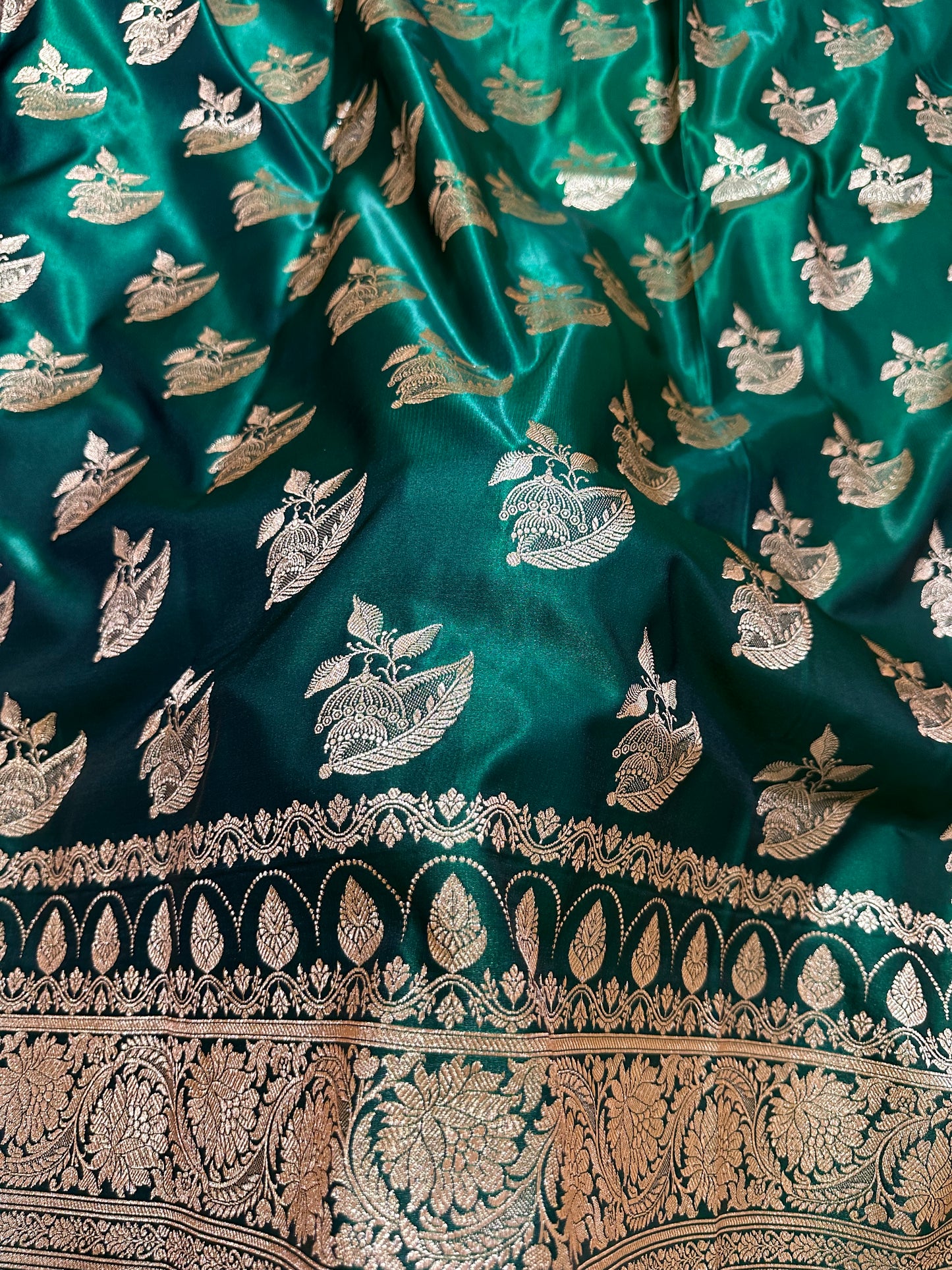 Elegant Bottle Green Satin Silk Banarasi Saree with Royal Floral Jhallar Border and Royal Peacock Paisley Butis
