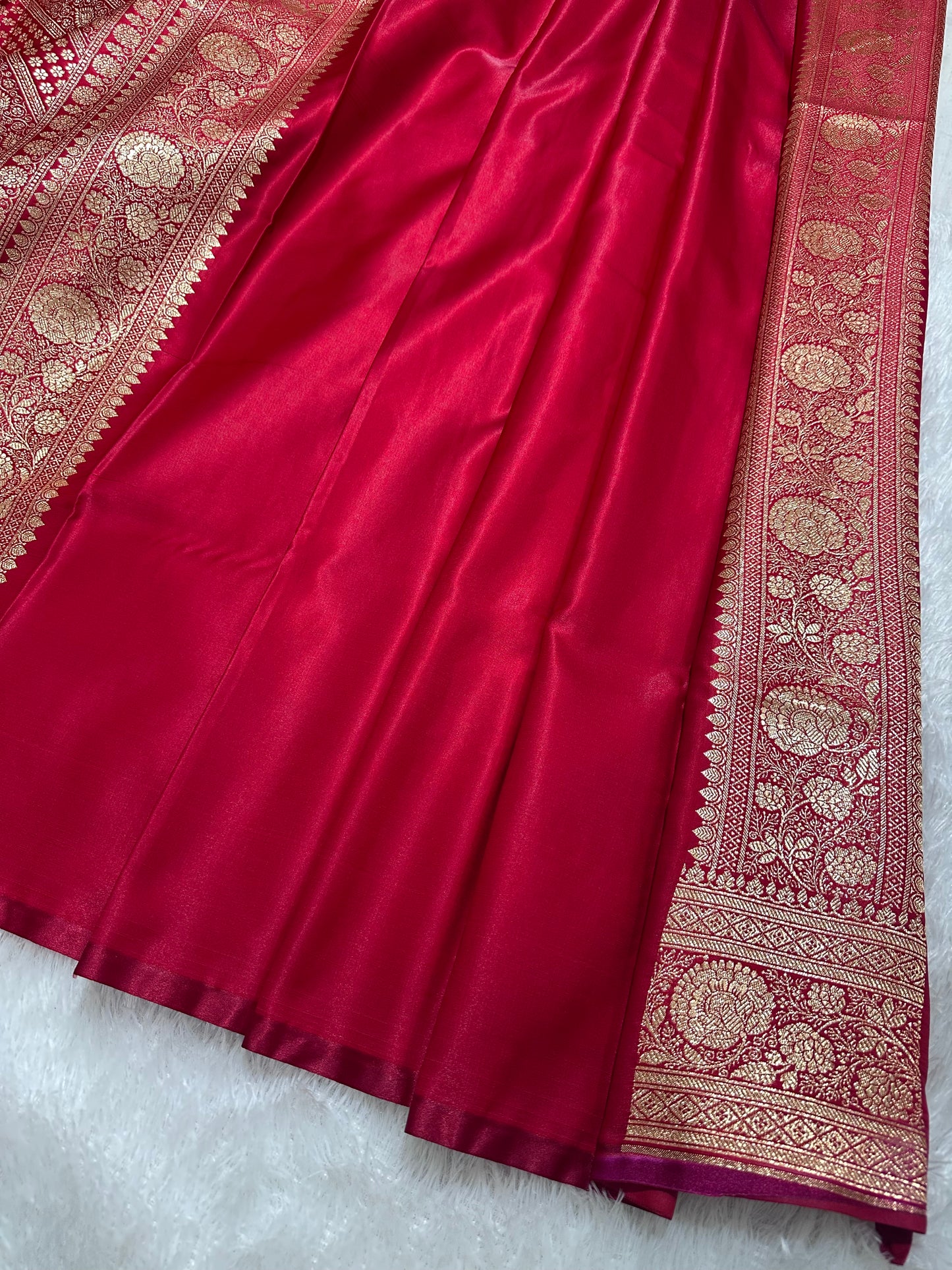 Elegant Crimson Red Satin Silk Banarasi Saree with Royal Meena-Floral Border and Ornate Peacock Feather Butis