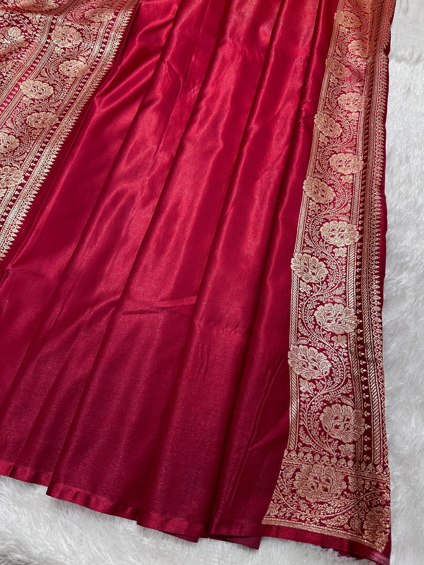 Elegant Maroon Satin Silk Banarasi Saree with Ornate Floral Vine Border and Full Jaal Body Work