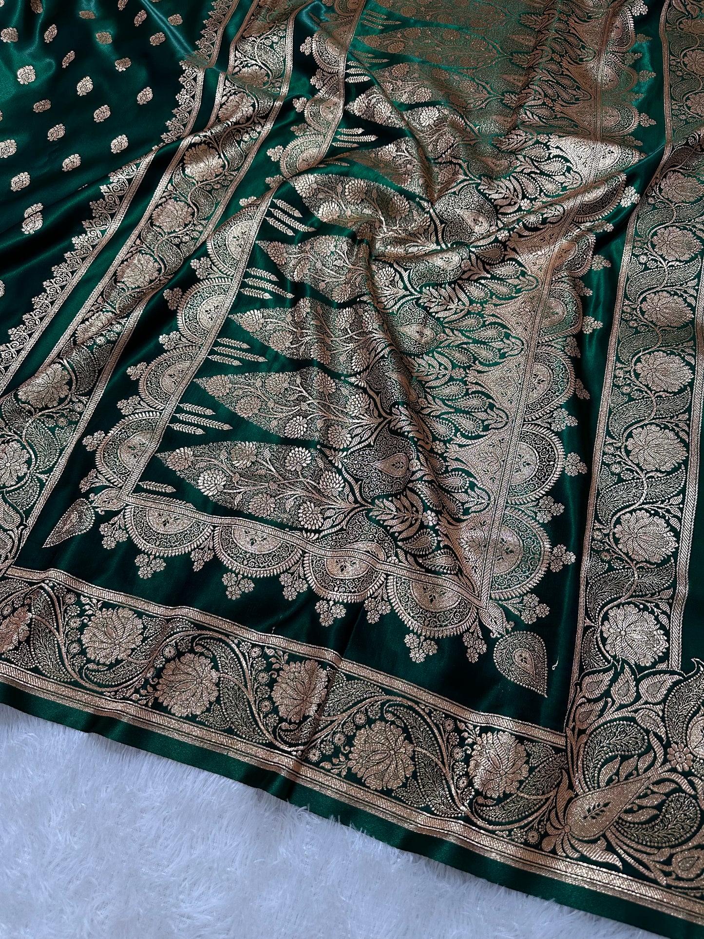 Elegant Bottle Green Satin Silk Banarasi Saree with Royal Meena-Floral Border and Traditional Diamond-Kalka Butis