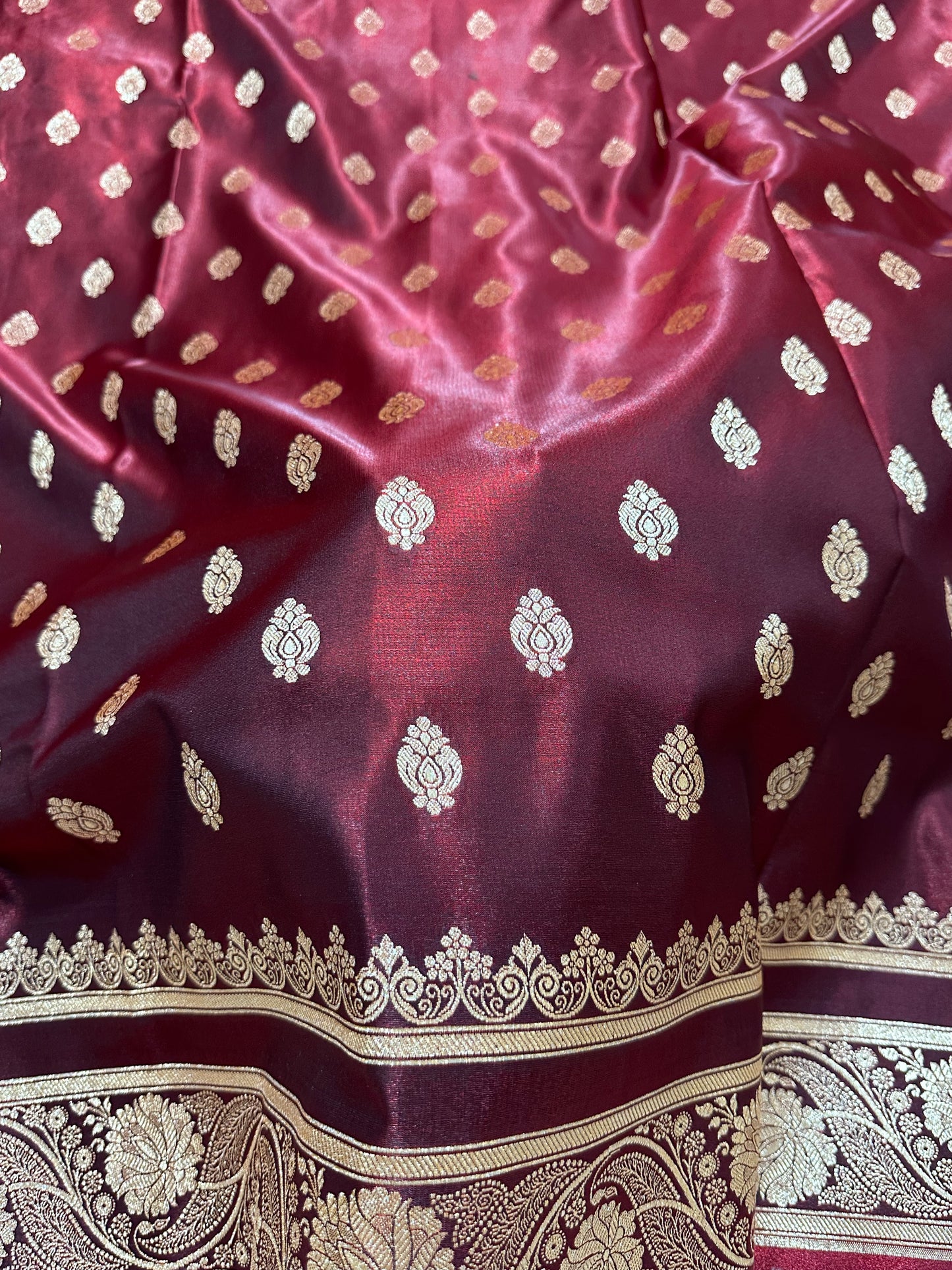 Bridal Wine Maroon Satin Silk Banarasi Saree with Royal Meena-Floral Border and Traditional Diamond-Kalka Butis