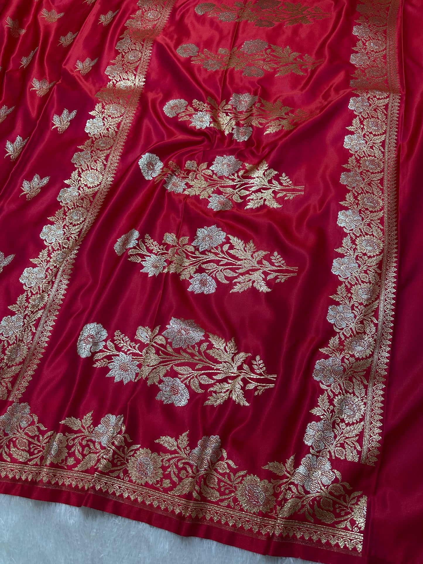 Rani Pink Katan Silk Banarasi Saree with Royal Meena-Floral Border and Vertical Wavy Floral Bel Work