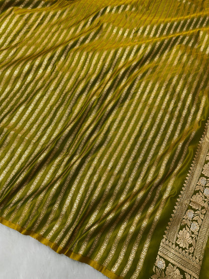 Premium Moss Green Banarasi Silk Saree With Rich Gold & Silver Double Zari Weaving