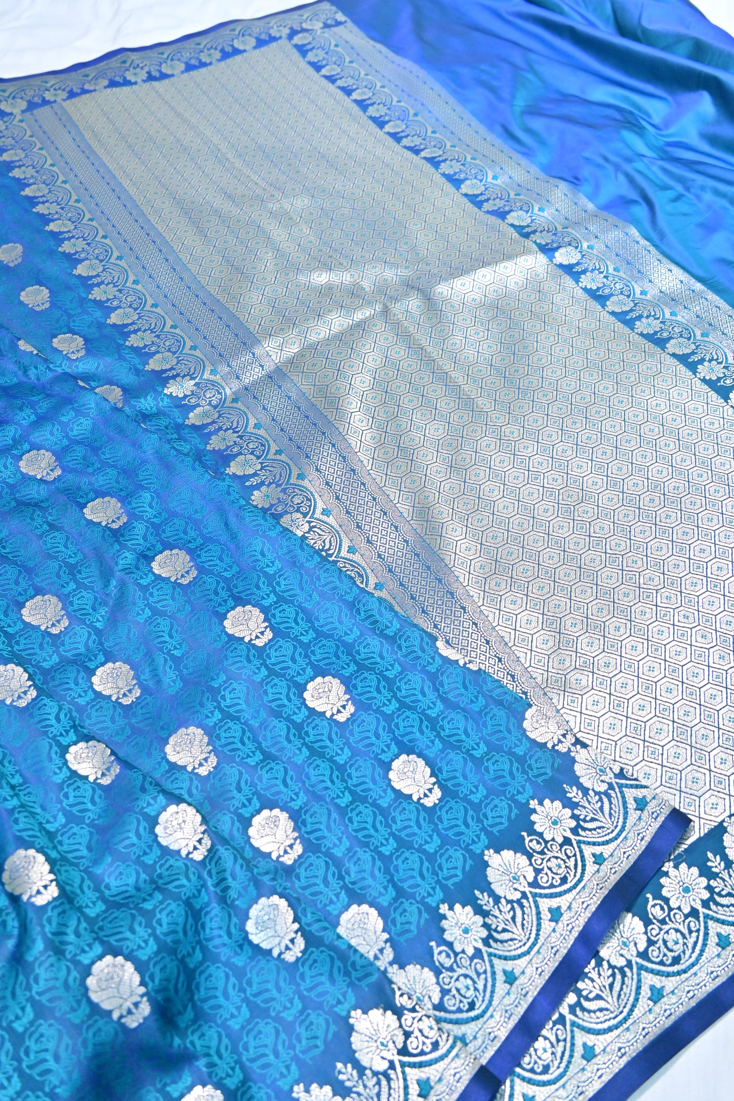 Premium Firozi Katan Banarasi Silk Saree with Silver Zari Floral Buta – Traditional Wedding & Festive Wear