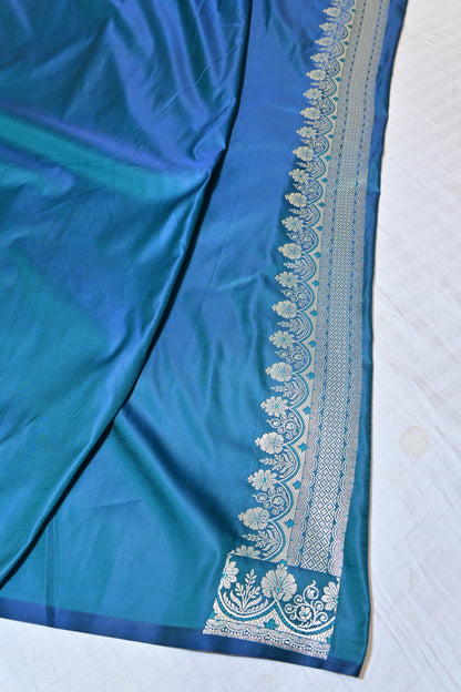Premium Firozi Katan Banarasi Silk Saree with Silver Zari Floral Buta – Traditional Wedding & Festive Wear