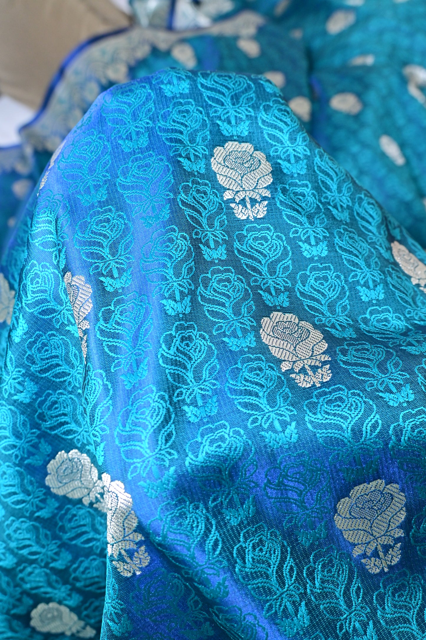 Premium Firozi Katan Banarasi Silk Saree with Silver Zari Floral Buta – Traditional Wedding & Festive Wear