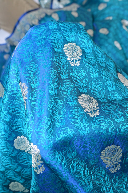 Premium Firozi Katan Banarasi Silk Saree with Silver Zari Floral Buta – Traditional Wedding & Festive Wear