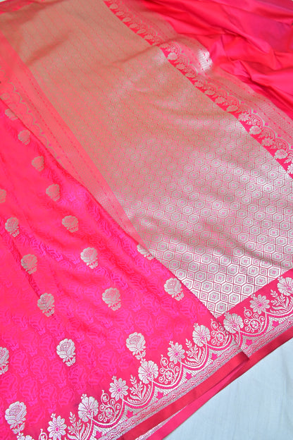 Premium Rani Katan Banarasi Silk Saree with Silver Zari Floral Buta – Traditional Wedding & Festive Wear