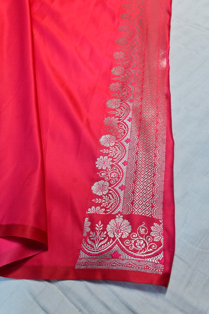 Premium Rani Katan Banarasi Silk Saree with Silver Zari Floral Buta – Traditional Wedding & Festive Wear