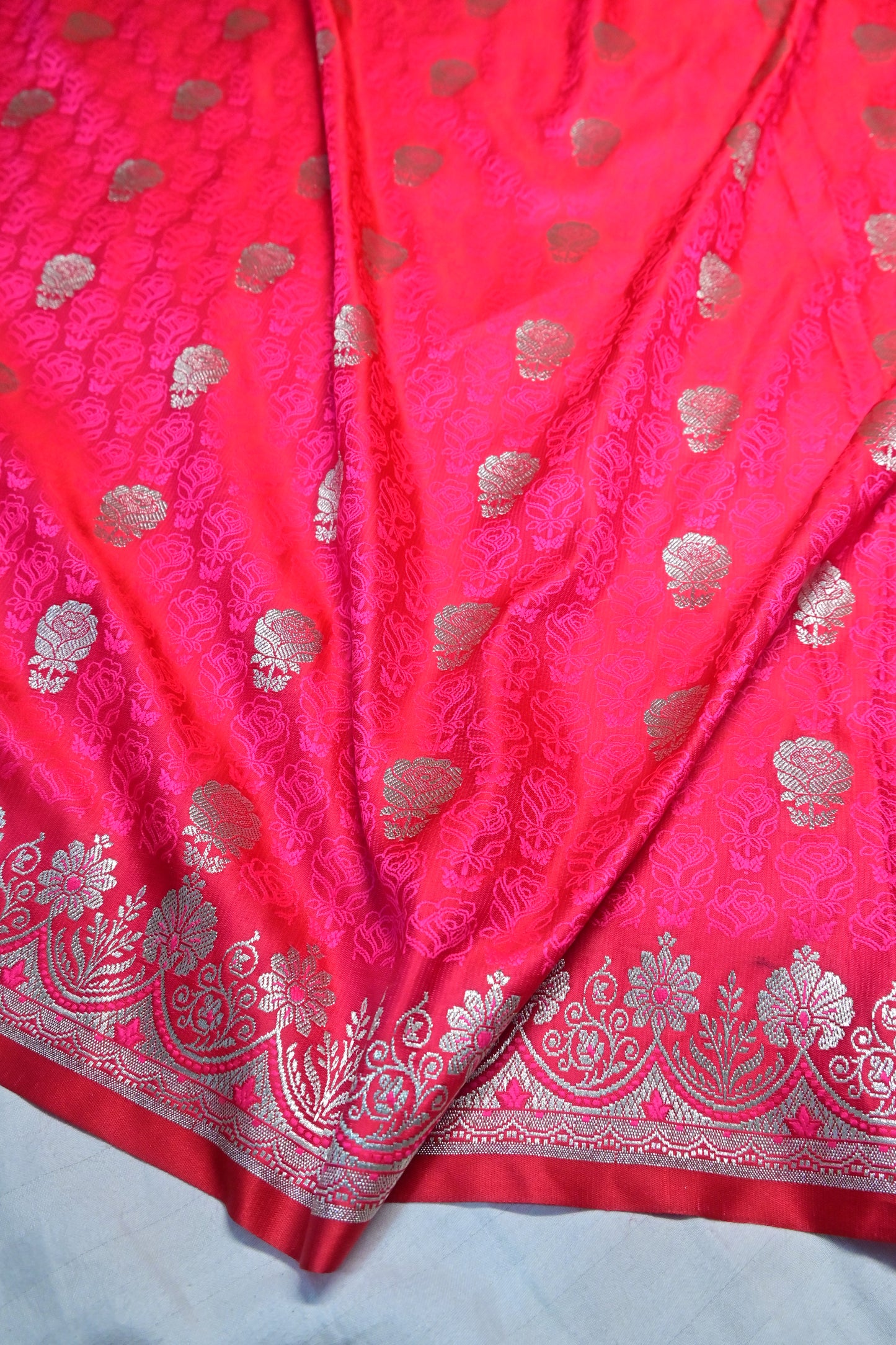 Premium Rani Katan Banarasi Silk Saree with Silver Zari Floral Buta – Traditional Wedding & Festive Wear