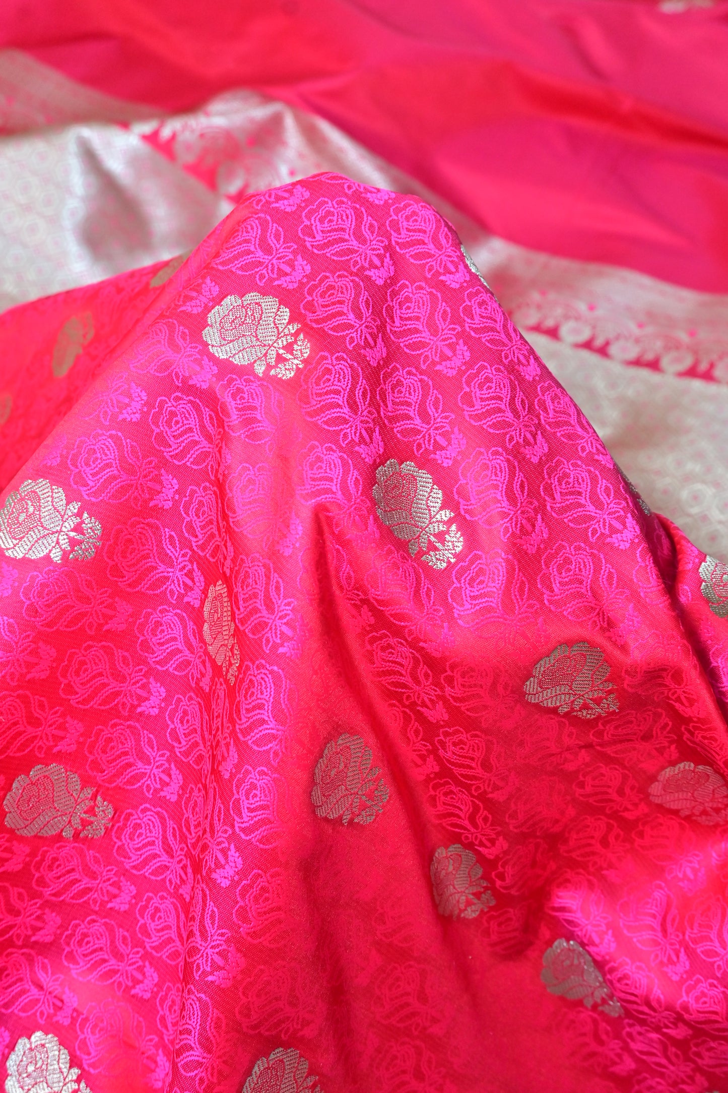 Premium Rani Katan Banarasi Silk Saree with Silver Zari Floral Buta – Traditional Wedding & Festive Wear