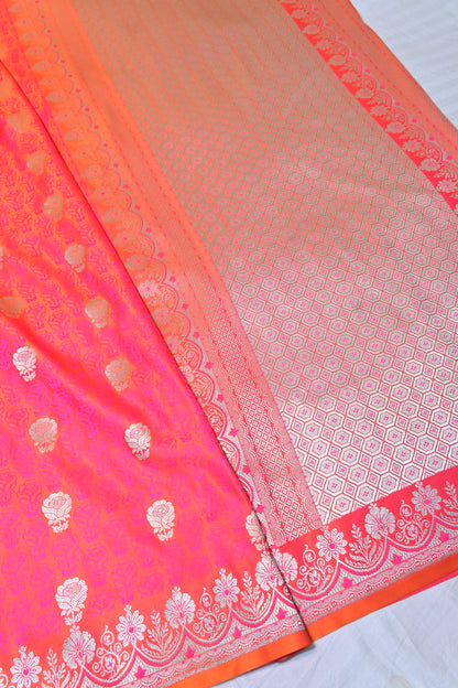Premium Strawberry Katan Banarasi Silk Saree with Silver Zari Floral Buta – Traditional Wedding & Festive Wear