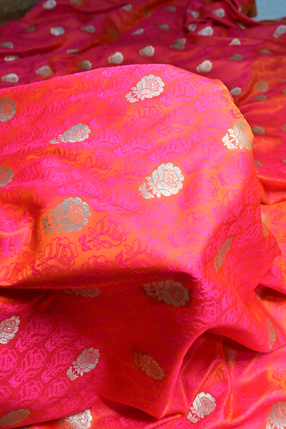 Premium Strawberry Katan Banarasi Silk Saree with Silver Zari Floral Buta – Traditional Wedding & Festive Wear