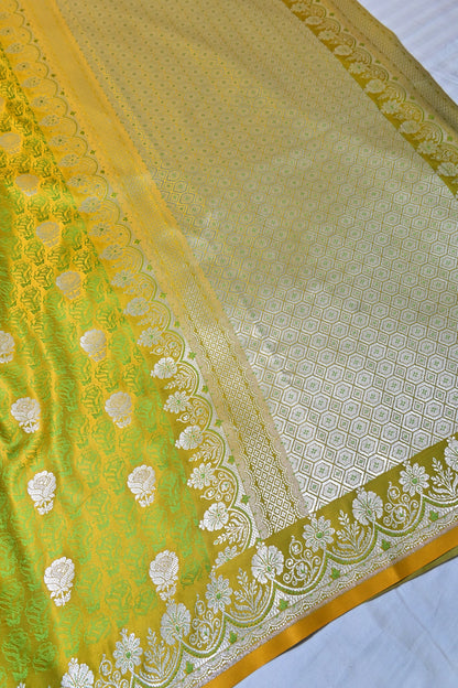 Premium Lime Green Katan Banarasi Silk Saree with Silver Zari Floral Buta – Traditional Wedding & Festive Wear