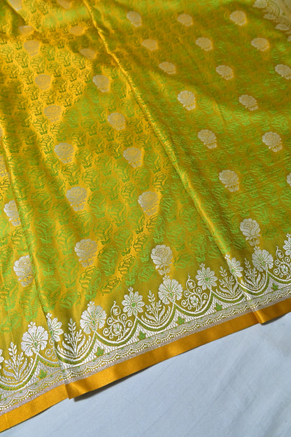 Premium Lime Green Katan Banarasi Silk Saree with Silver Zari Floral Buta – Traditional Wedding & Festive Wear