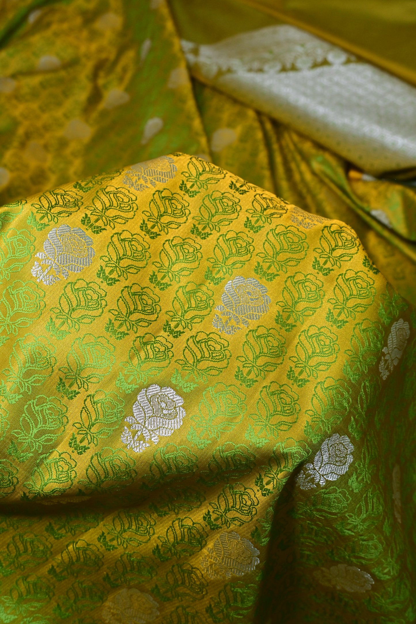Premium Lime Green Katan Banarasi Silk Saree with Silver Zari Floral Buta – Traditional Wedding & Festive Wear