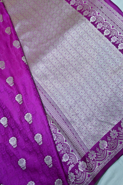 Premium purplish-pink Katan Banarasi Silk Saree with Silver Zari Floral Buta – Traditional Wedding & Festive Wear