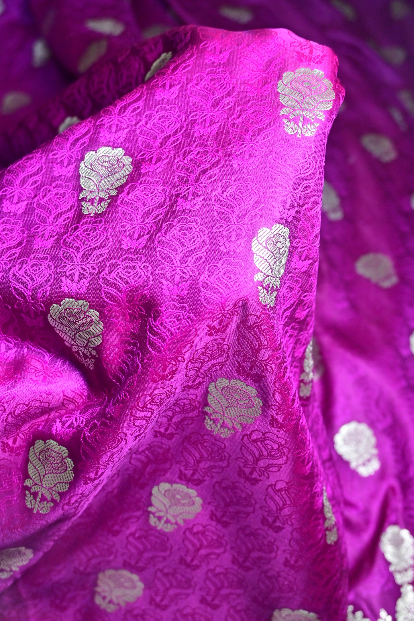 Premium purplish-pink Katan Banarasi Silk Saree with Silver Zari Floral Buta – Traditional Wedding & Festive Wear