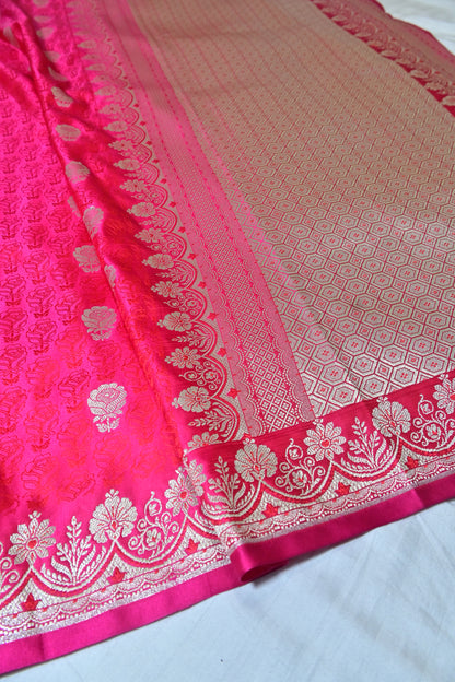 Premium Rose Pink Katan Banarasi Silk Saree with Silver Zari Floral Buta – Traditional Wedding & Festive Wear