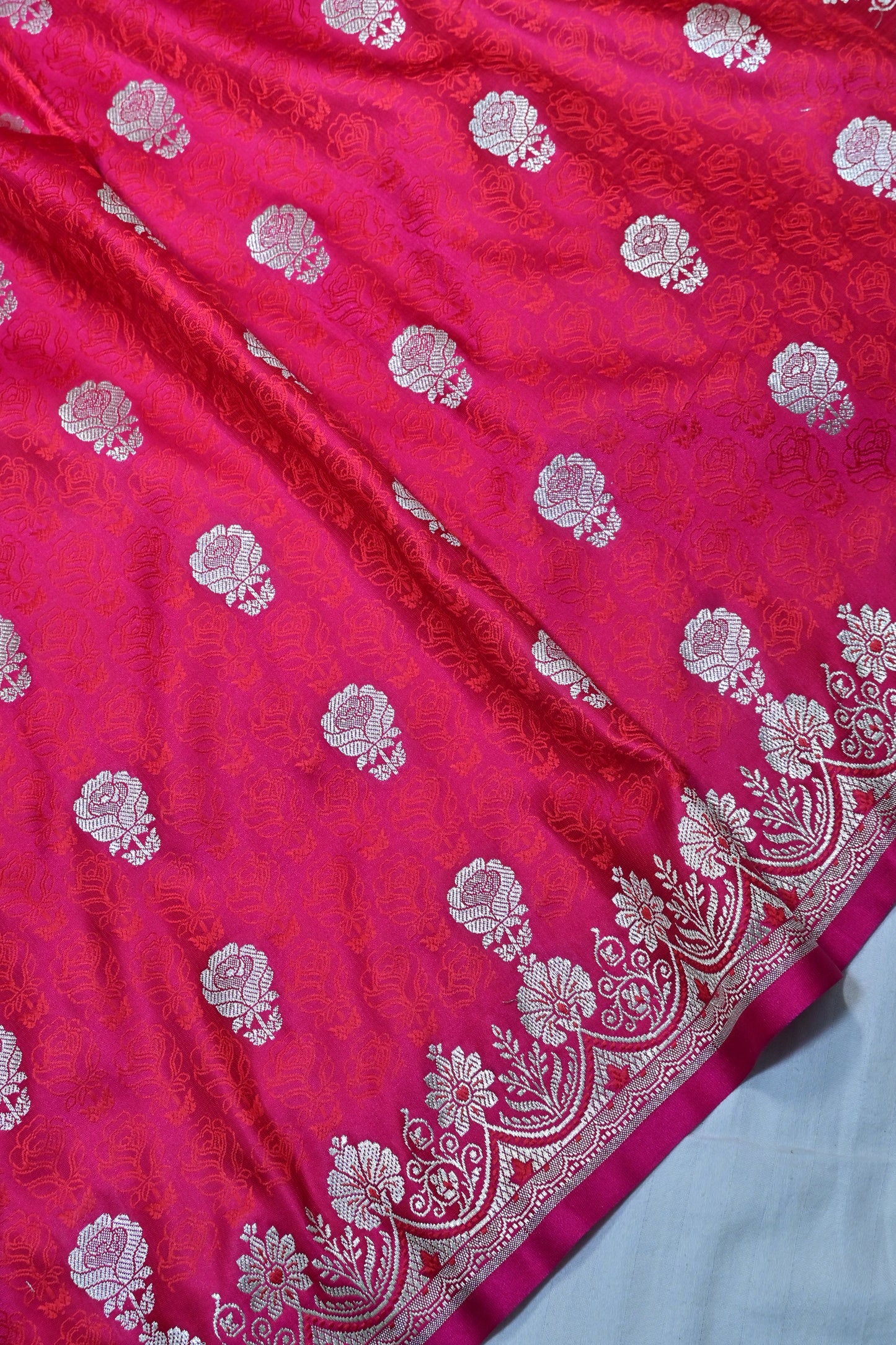 Premium Rose Pink Katan Banarasi Silk Saree with Silver Zari Floral Buta – Traditional Wedding & Festive Wear