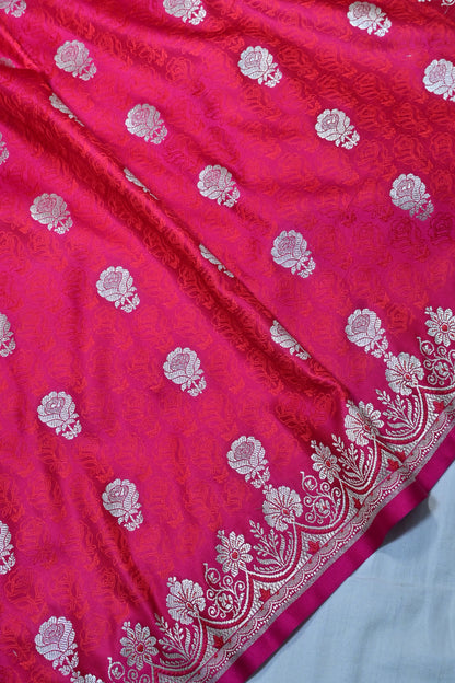 Premium Rose Pink Katan Banarasi Silk Saree with Silver Zari Floral Buta – Traditional Wedding & Festive Wear