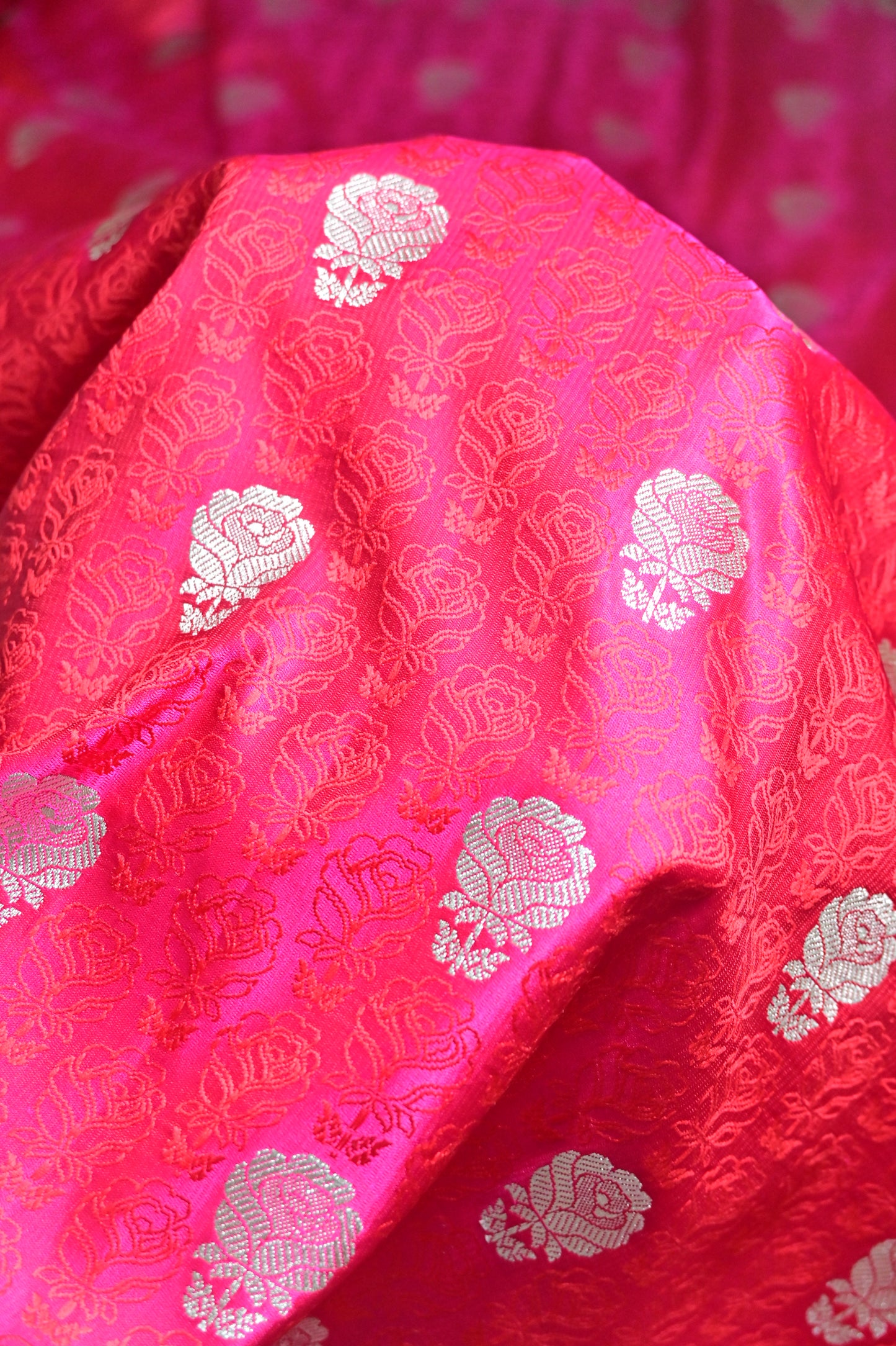 Premium Rose Pink Katan Banarasi Silk Saree with Silver Zari Floral Buta – Traditional Wedding & Festive Wear