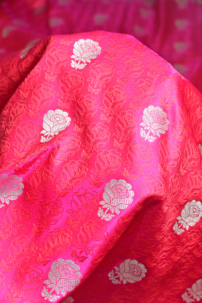 Premium Rose Pink Katan Banarasi Silk Saree with Silver Zari Floral Buta – Traditional Wedding & Festive Wear