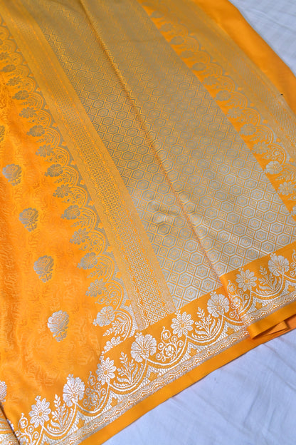 Premium Yellow Katan Banarasi Silk Saree with Silver Zari Floral Buta – Traditional Wedding & Festive Wear