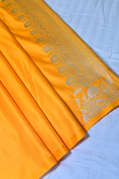 Premium Yellow Katan Banarasi Silk Saree with Silver Zari Floral Buta – Traditional Wedding & Festive Wear