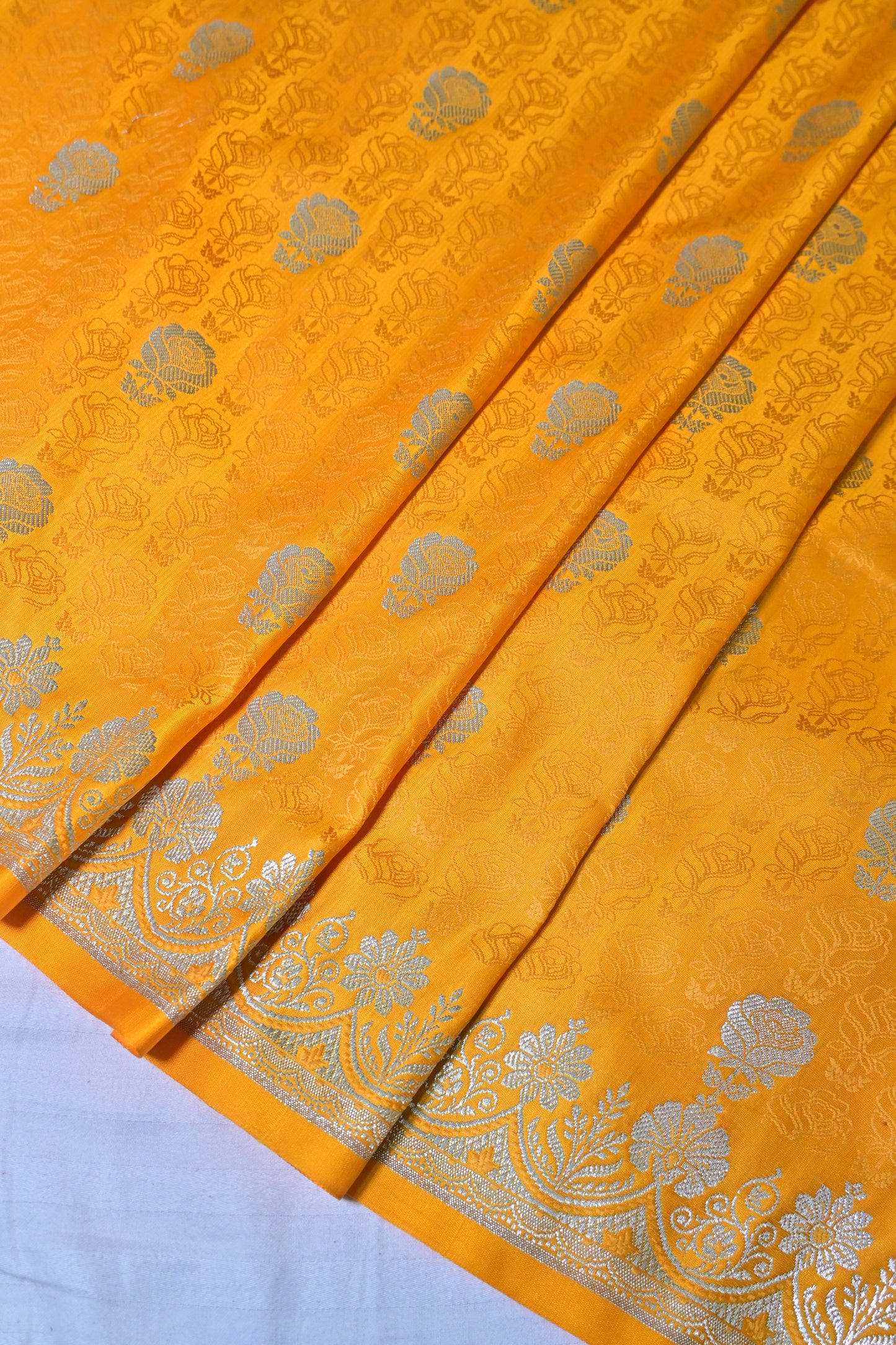 Premium Yellow Katan Banarasi Silk Saree with Silver Zari Floral Buta – Traditional Wedding & Festive Wear