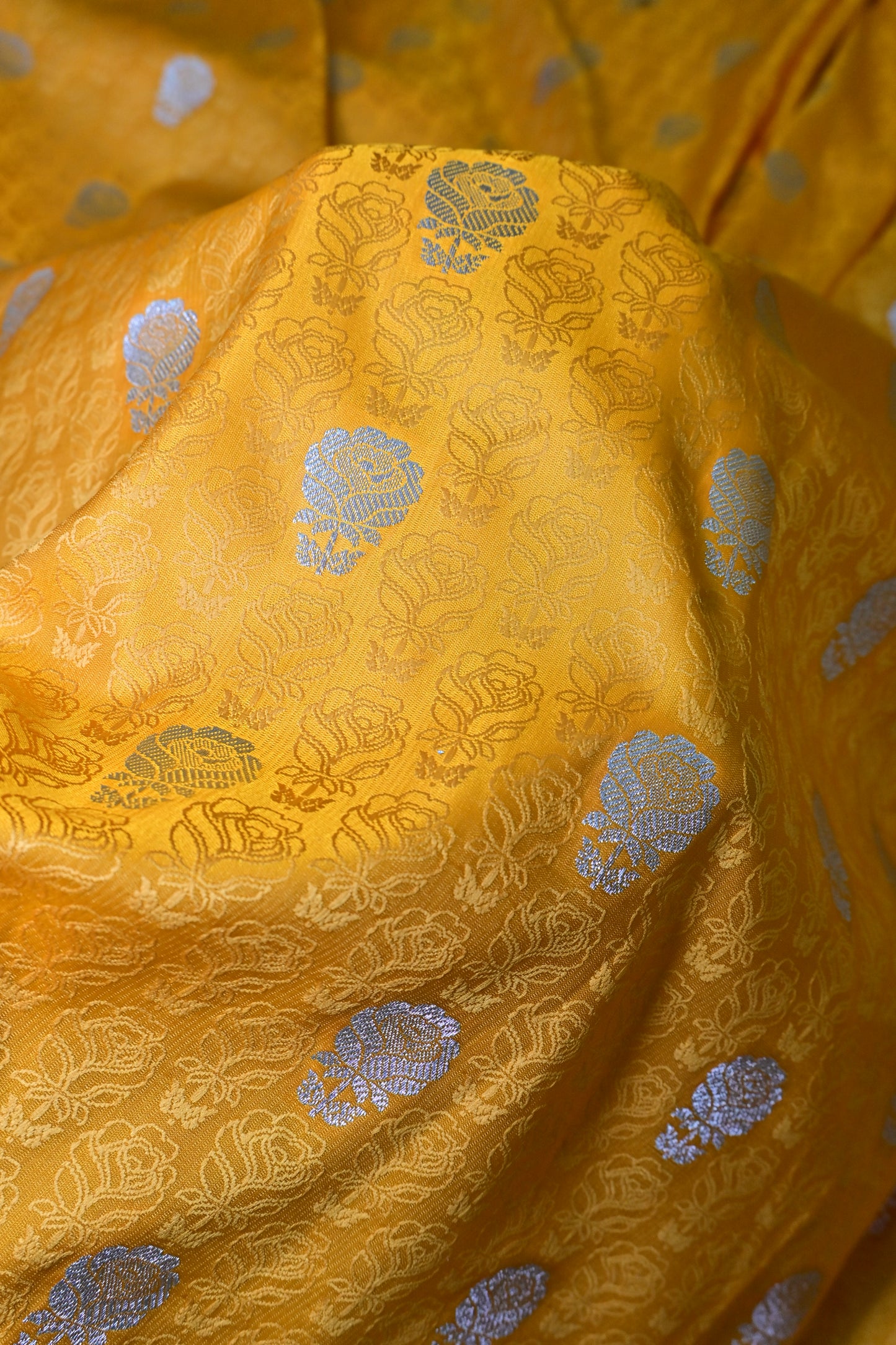 Premium Yellow Katan Banarasi Silk Saree with Silver Zari Floral Buta – Traditional Wedding & Festive Wear
