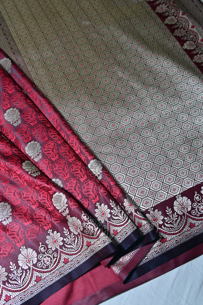 Premium Deep Wine Katan Banarasi Silk Saree with Silver Zari Floral Buta – Traditional Wedding & Festive Wear